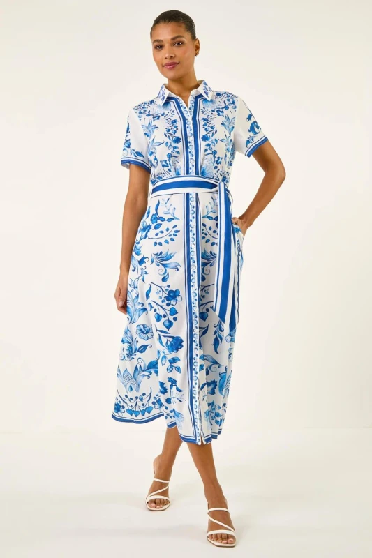 Image of Roman Womens Floral Border Print Collared Shirt Dress in Blue Size: 10 Blue Female 10