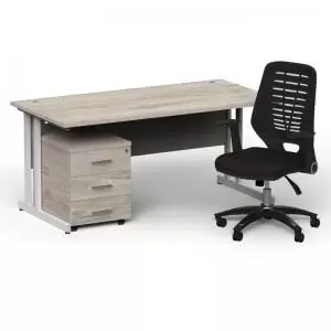 Image of Impulse 1600800 White Cant Desk Grey Oak 3 Dr Mobile Ped & Relay