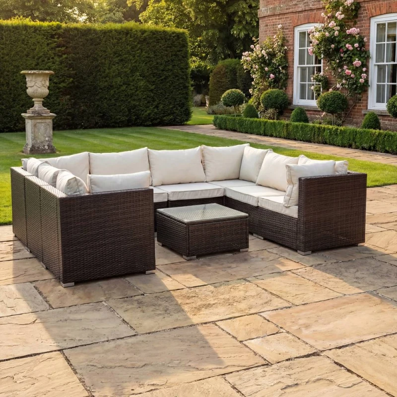Image of Artemis Home Oliena 8 Seat Modular Rattan Small U-Shape Garden Furniture in Brown Brown Unisex