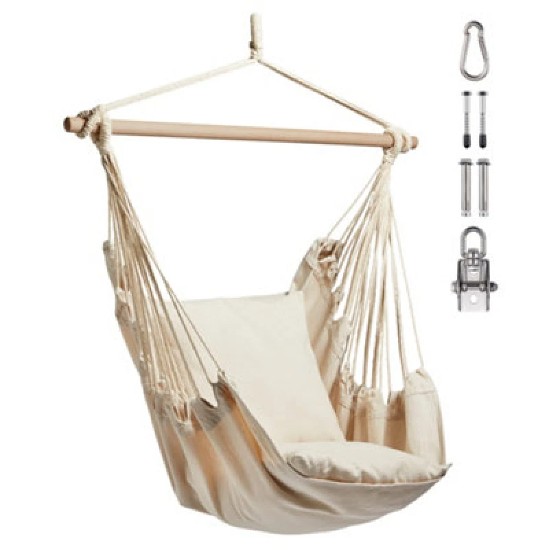 Image of Vonhaus Hanging Chair, Beige Garden Hammock Chair Swing Seat, Cotton Rope Swing Chair With Tree Attachment, Portable Garden Chair