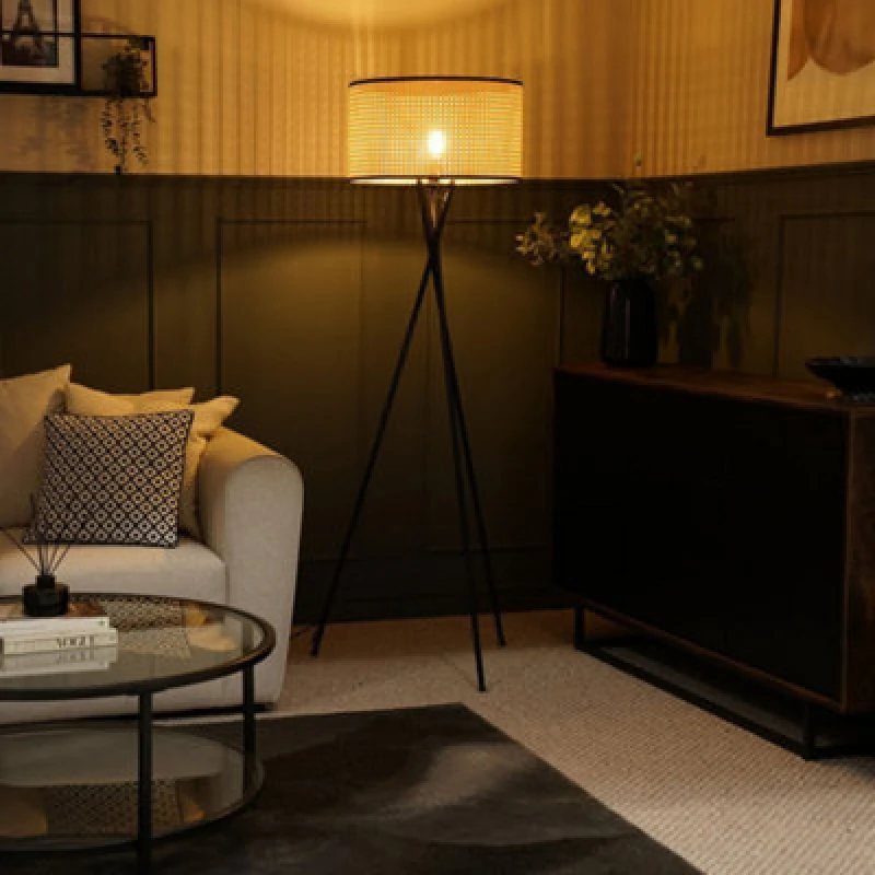 Image of ValueLights Camden Black Tripod Floor Lamp Light with Cane Shade Natural