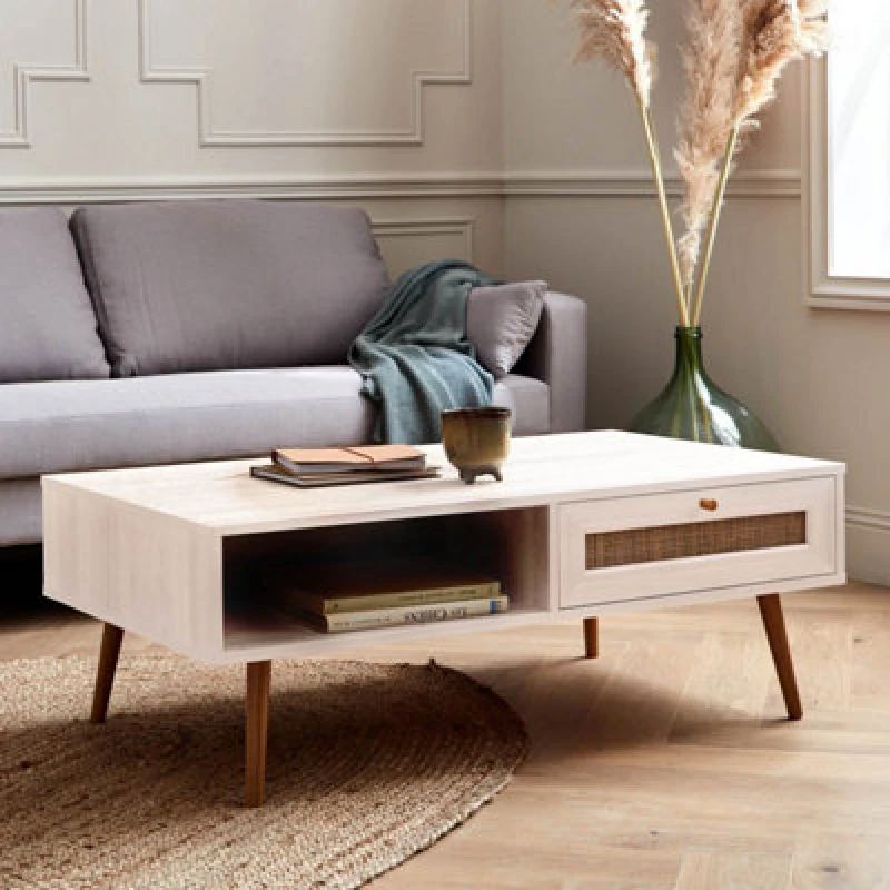 Image of Sweeek - Coffee Table With Wood And Cane Effect Boheme Blanc Casse 110X59X39 Cm