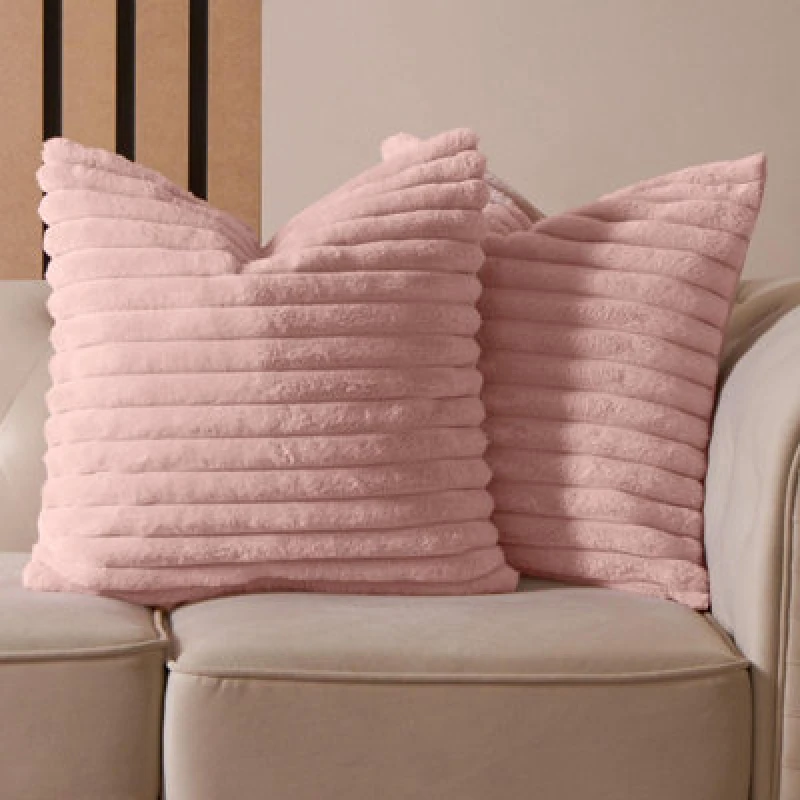 Image of OHS OHS 2 x Faux Fur Thick Rib Cushion Covers in Pink Size: 45cm x 45cm Pink 45cm x 45cm Unisex 5027434191635