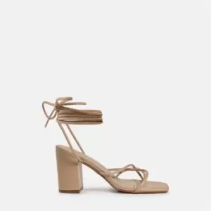 image of Missguided Tie Up Toe Post Block Heel Sandals - Neutral