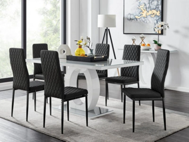 Image of FurnitureboxUK FurnitureboxUK Giovani 6-Seater Grey Glass Dining Table and 6 Milan Faux Leather Dining Chairs in Black One Size Unisex 505654265
