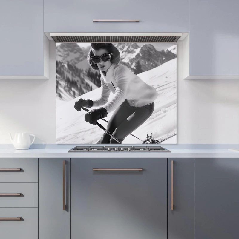Image of Warren Reed - Designer Vintage Skiing Chic Kitchen Splashback in Black Size: 600mm x 750mm Black Unisex 600mm x 750mm