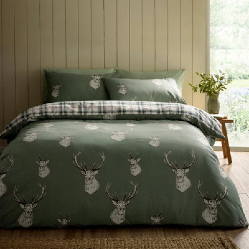Image of Catherine Lansfield Stag Check Green Duvet Cover Set King Bedding Set
