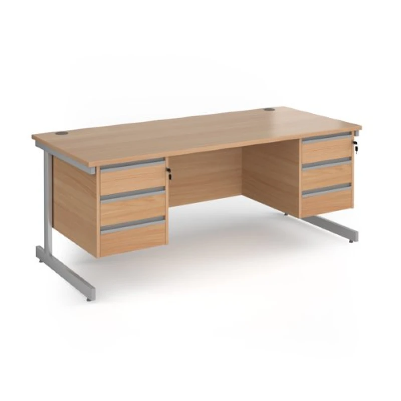 Image of Contract 25 Office Desk Rectangular Desk 1800mm With Double Pedestal Beech Top With Silver Frame 800mm Depth Contract 25 CC18S33-S-B Beech CC1