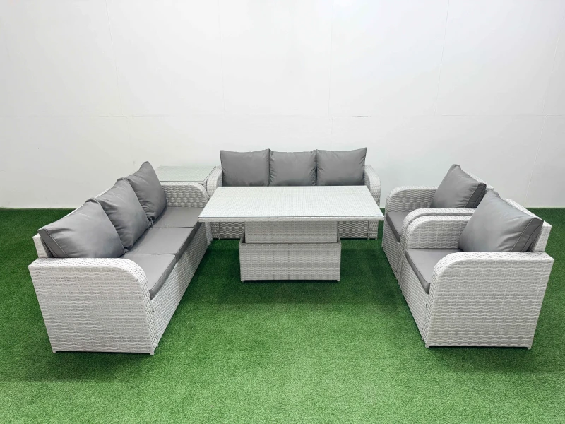 Image of Fimous PE Rattan High Back Lounge Sofa Set Patio Adjustable Lifting Dining or Coffee Table & Chairs Set with 3 Seater Sofa Reclining Chair Side Table