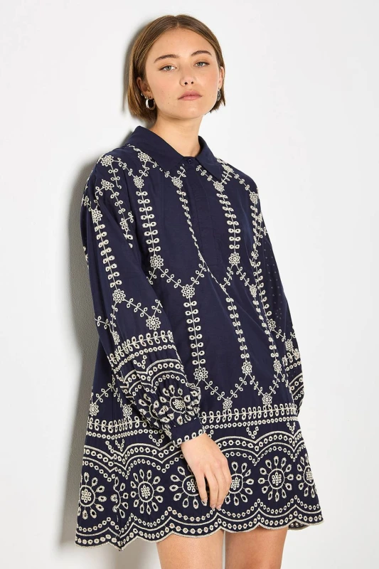 Image of Apricot Womens Broderie Anglaise Cotton Swing Mini Dress in Navy Size: 16 Navy Female 16