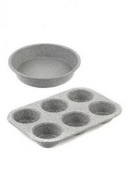 image of Salter Marble Collection 24cm Baking Pan And 6 cup Muffin Tray Set In Grey