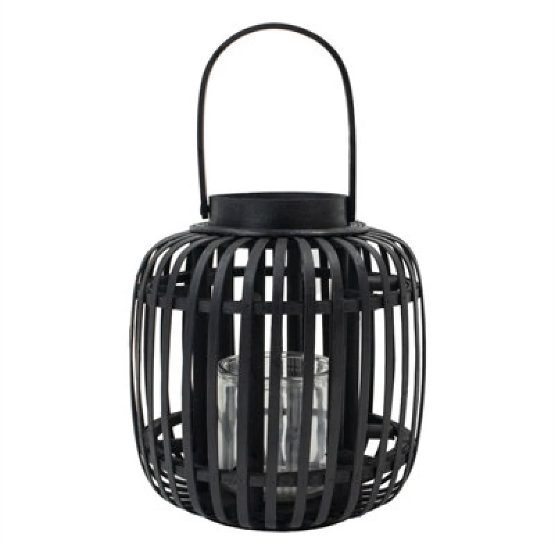 Image of Jvl Luna Natural Bamboo Lantern With Handle - Black, Set Of 2