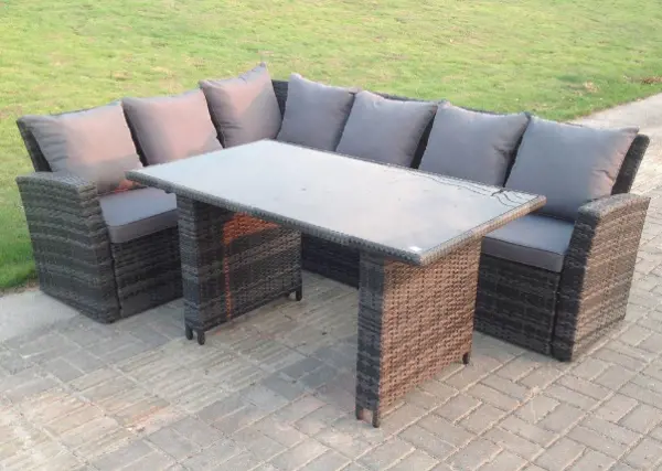 Image of Fimous 6 Seater Outdoor Dark Grey High Back Rattan Lounge Complete Sofa Set with Dining Table Tempered Glass