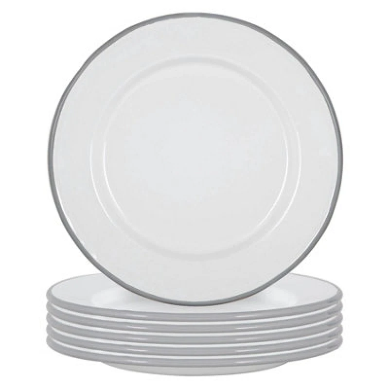 Image of Argon Tableware White Enamel Dinner Plates - 25.5Cm - Grey - Pack Of 6