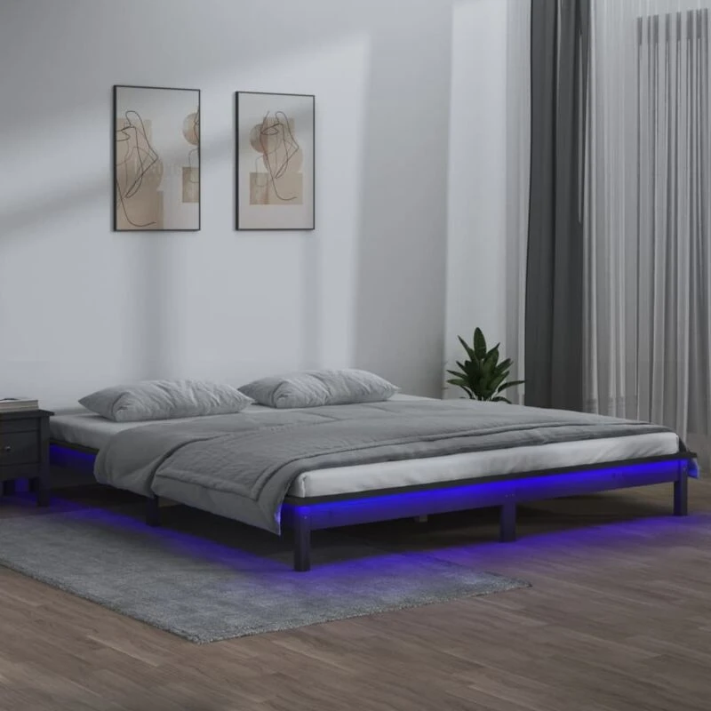 Image of vidaXL LED Bed Frame Grey 120x190cm Small Double Solid Wood, Grey 820643