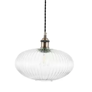 image of Clear Ribbed Glass with Antique Brass Oval Pendant Ceiling Light