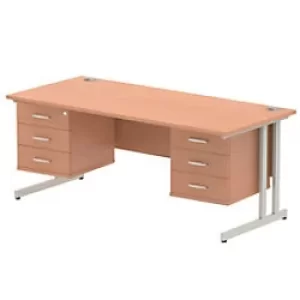 Image of Dynamic Rectangular Office Desk Beech MFC Cantilever Leg Silver Frame Impulse 2 x 3 Drawer Fixed Ped 1800 x 800 x 730mm
