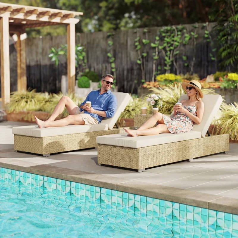 Image of OUTSUNNY Rattan Sun Loungers Set of 2 with Side Table, Beige Size: 180cm x 60cm Beige Unisex 180cm x 60 cm