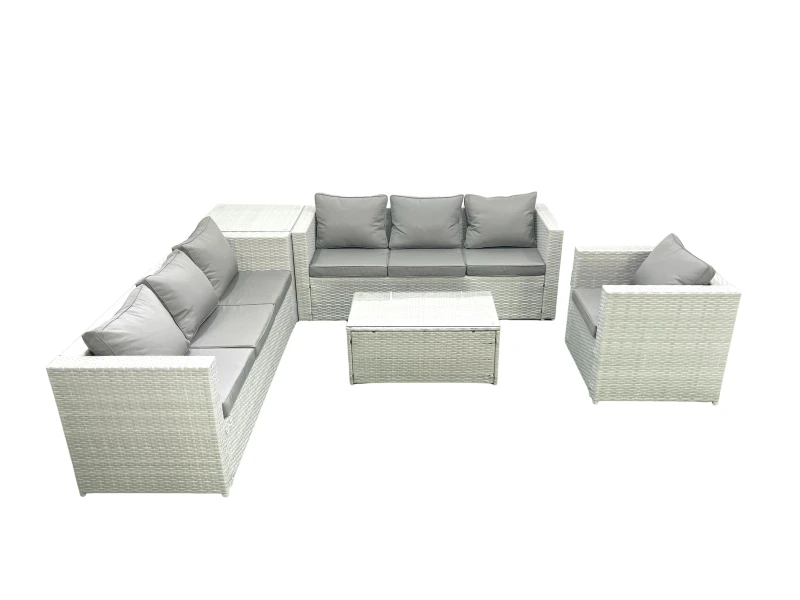 Image of Fimous Wicker PE Rattan Sofa Garden Furniture Set with Armchair Oblong Coffee Table Side Table Light Grey Mixed Light Grey