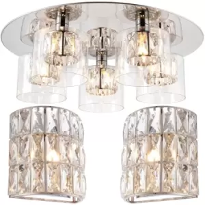 image of 5 Bulb Ceiling Lamp & 2x Matching Flush Wall Light Round Chrome & Crystal Glass