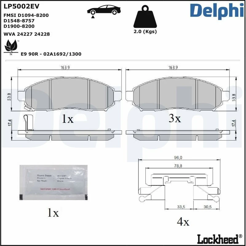 Image of DELPHI LP5002EV Brake pad set with accessories, with anti-squeak plate Brake Pad Set,disc brake (402)