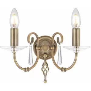 image of Loops - Twin Wall Light 2 Cut Glass Droplets Swirl Finial Aged Brass LED E14 60W