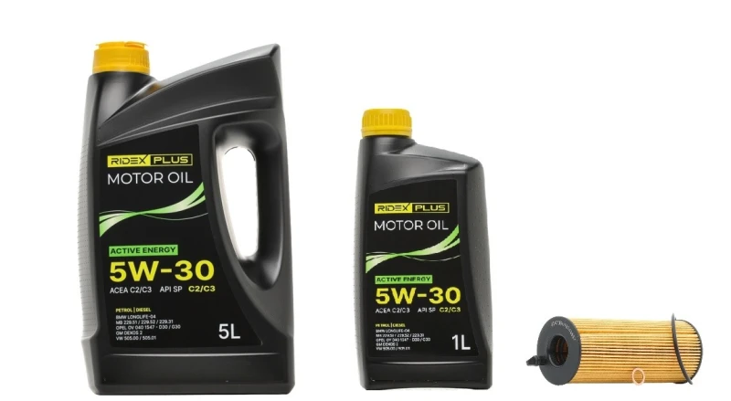 Image of RIDEX PLUS 100908O0145P Oil change kit (oil filter + engine oil) Oil change kit (oil filter + engine oil) (100908)
