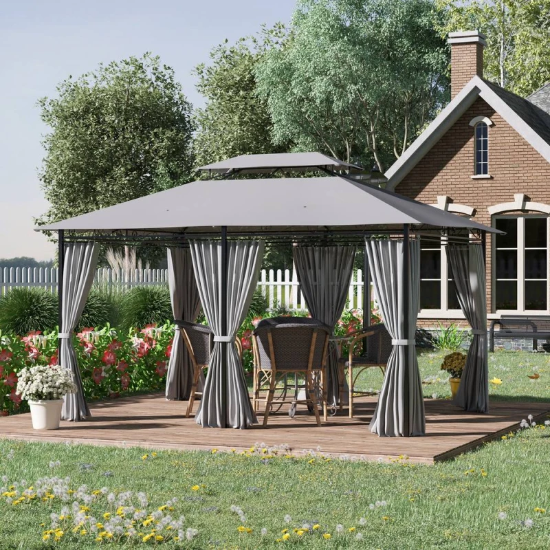 Image of Outsunny Pavillion Shelter Curtains Sidewalls Steel 4x3m, Grey 84C-050CG