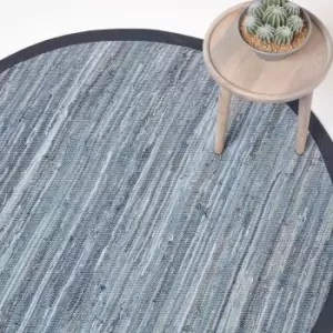 Image of Blue Denim Handwoven Striped Chindi Large Round Rug - Blue - Homescapes