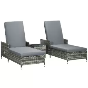 Image of Outsunny 3 Pieces Rattan Sun Lounger, Patio Chaise Lounge Chair Set with Adjustable Backrest, Soft Cushions, Glass Top Table, Grey