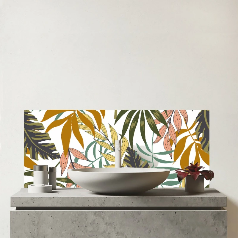 Image of Warren Reed - Designer Tropical Leaves Glass Bathroom Splashback in Green Green Unisex
