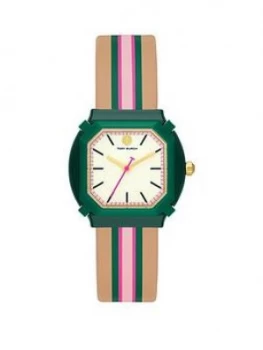 image of Tory Burch Tory Burch The Blake White Dial Brown Green Pink Stripe Leather Strap Watch