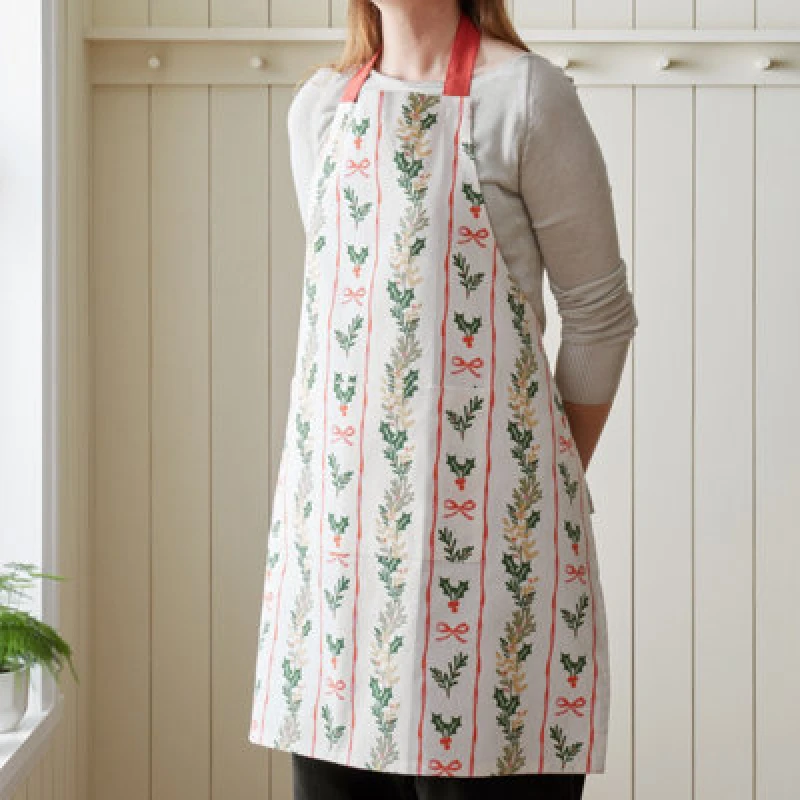 Image of Catherine Lansfield Christmas Holly Stripe Cotton 70X80Cm Kitchen Adult Apron Cream / Red