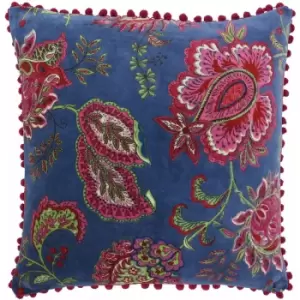 image of Riva Paoletti - Malisa Paisley Indian Print Faux Velvet Pom Pom Fringed Cushion Cover, Smoke Blue, 50 x 50 Cm