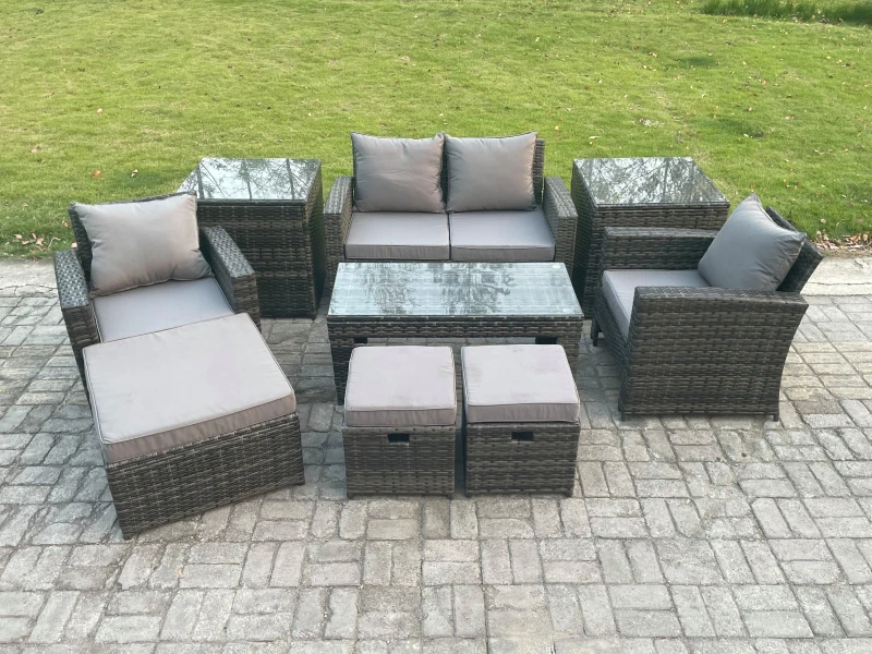 Image of Fimous 9 PCS Outdoor Lounge Sofa Set Wicker PE Rattan Garden Furniture Set with Rectangular Coffee Table Armchair in Dark Grey Dark Grey Unisex