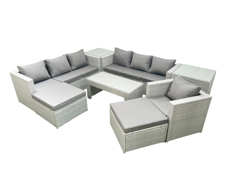 Image of Fimous Wicker PE Rattan Sofa Garden Furniture Set with Oblong Coffee Table Armchair 2 Big Footstools 2 Side Tables Light Grey Mixed Light Grey