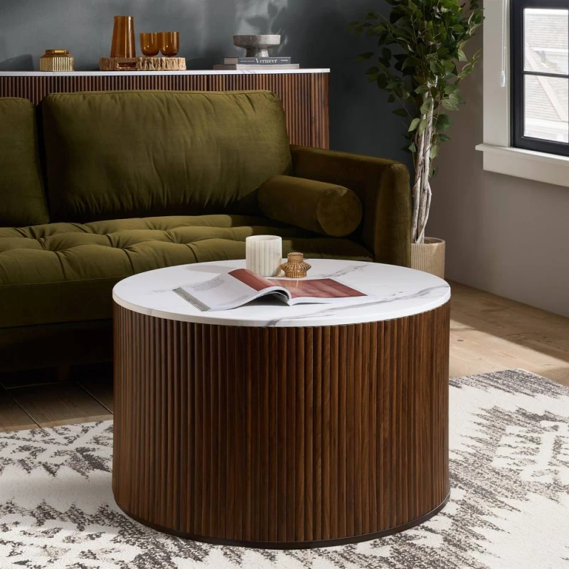 Image of Birlea Kagu Coffee Table Fluted Ribbed Walnut & Marble effect in Brown Size: 1 Pack Brown Unisex 1 Pack