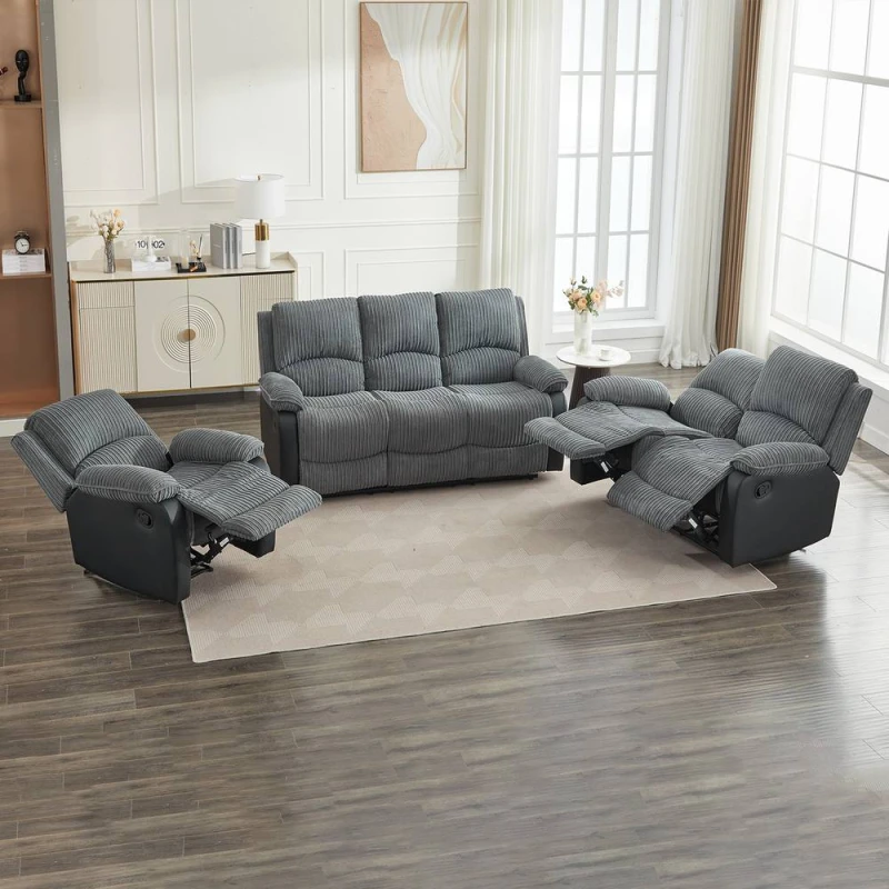 Image of FURNITURE ONE Corduroy Fabric Manual Reclining Sofa Set- 1+2+3 Sofa Set in Grey Size: 1 Pack Grey Unisex 1 Pack