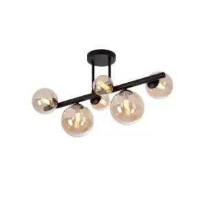 image of Marshall Semi Flush Ceiling Lamp, 6 Light G9, Satin Black, Amber Plated Glass