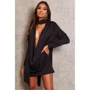 image of I Saw It First Black Premium Satin Extreme Cowl Neck Tie Shift Dress - Black