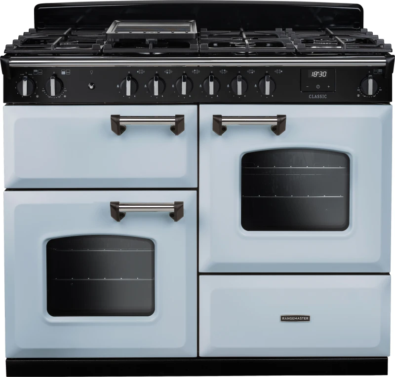 Image of Rangemaster Classic OC CLO110DFPMSB/CM1 110cm wide Dual Fuel Range Cooker with Gas Hob - Misty Blue / Chrome - A Rated