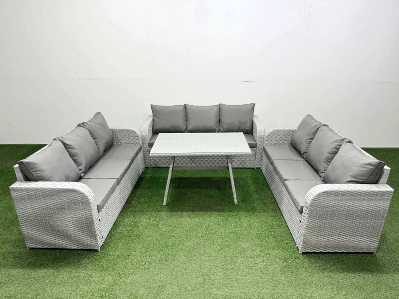 Image of Fimous 9 Seat Outdoor PE Rattan Garden Furniture with Cushions 3 Seater Sofa in Light Grey Light Grey Unisex
