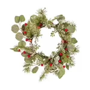 image of Winter Frosted Leaf and Red Berry Wreath Red