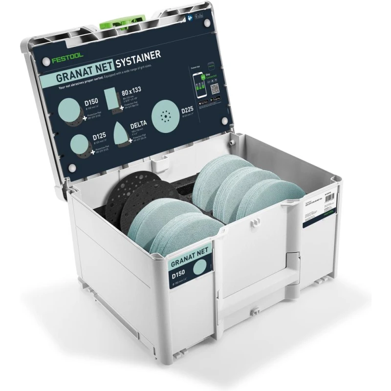 Image of Festool D150 GR NET Granat Sanding Discs in Systainer 3 Case 150mm Assorted 578718