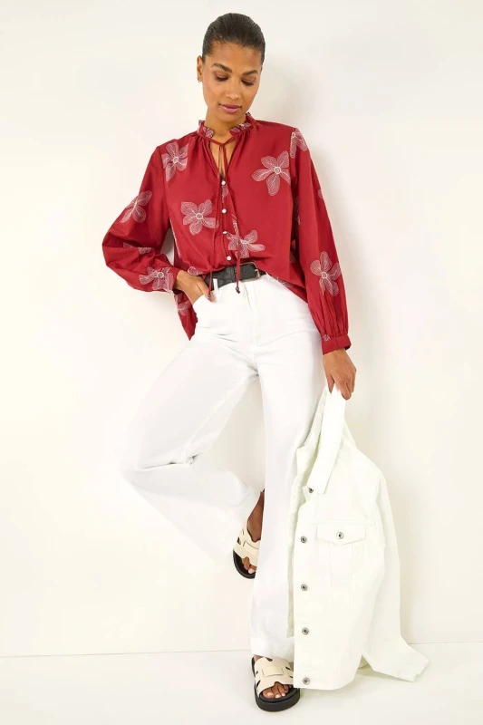 Image of Roman Womens Floral Embroidered Blouse in Red Size: 14 Red Female 14