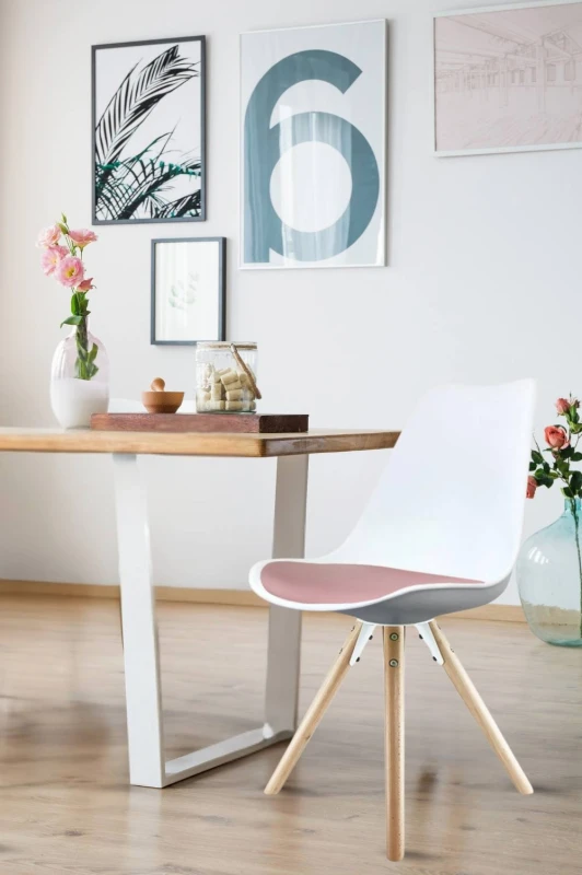 Image of Fusion Living Soho Plastic Dining Chair With Pyramid Light Wood Legs White & Blush Pink FL3645