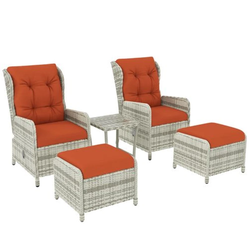 Image of Outsunny Recliner Rattan Garden Furniture w/ Two-tier Glass Top Table & Cushions, Orange Orange