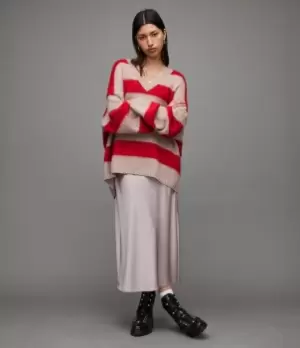 Image of AllSaints Womens Lou V-Neck Stripe Jumper, Red, Size: XS