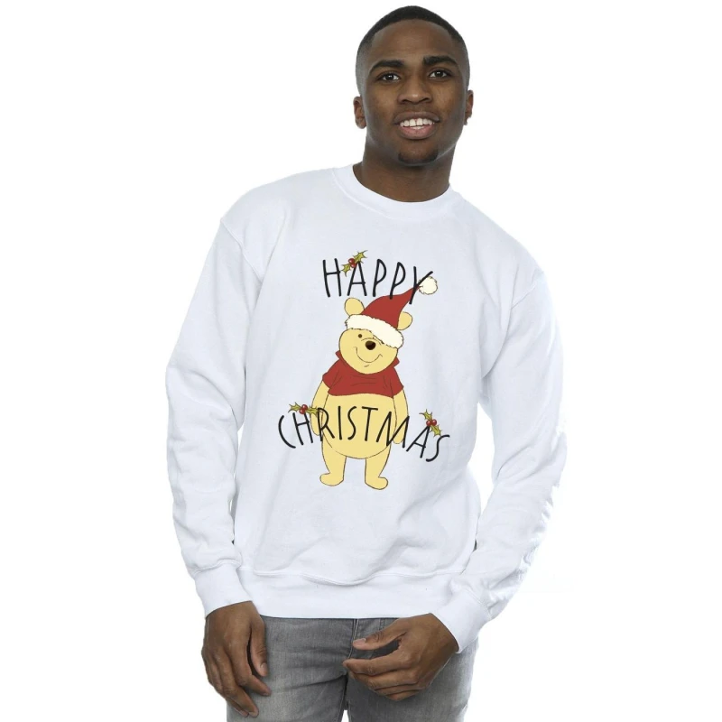 Image of Disney Men Winnie The Pooh Happy Christmas Holly Sweatshirt in White Size: Small White S Male 5063283950245
