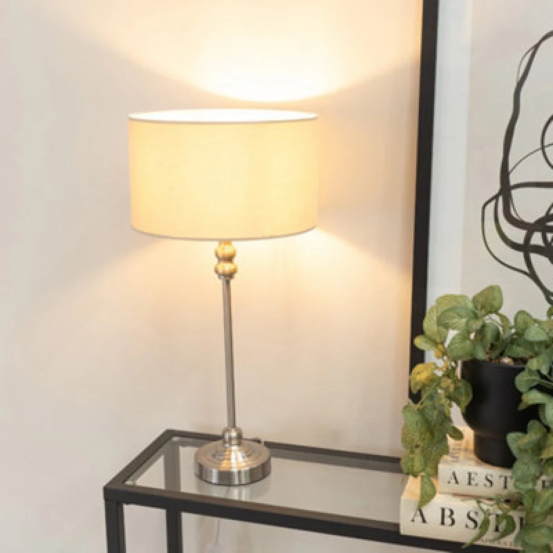 Image of ValueLights Maggie Brushed Chrome Candlestick Table Lamp with Fabric Drum Shade and LED Bulb Natural